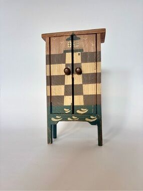 Hand-Painted Mini Wooden Curio Cabinet in Teal and Browns- Wood